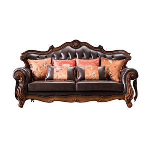 N413 Classical style living room furniture  carved solid wood with genuine leather three seat sofa two seat sofa single sofa set