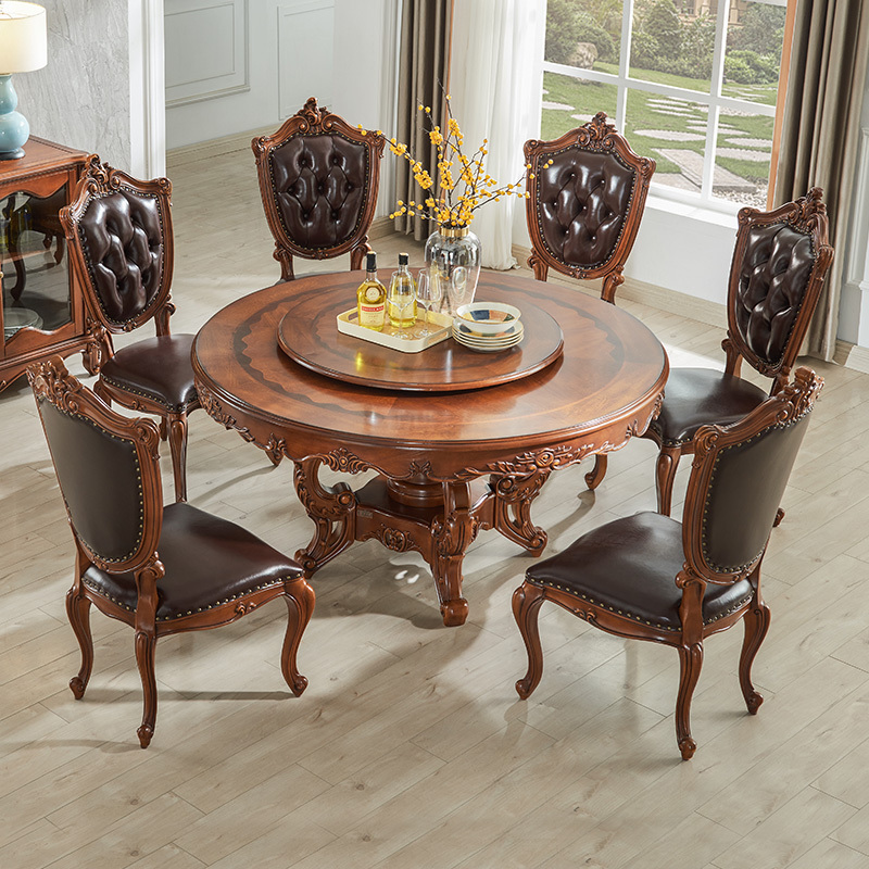 American Classical Style Wooden Round Rotatable Dining Table with lazy Susan solid wood hand-made carving with dinning chairs