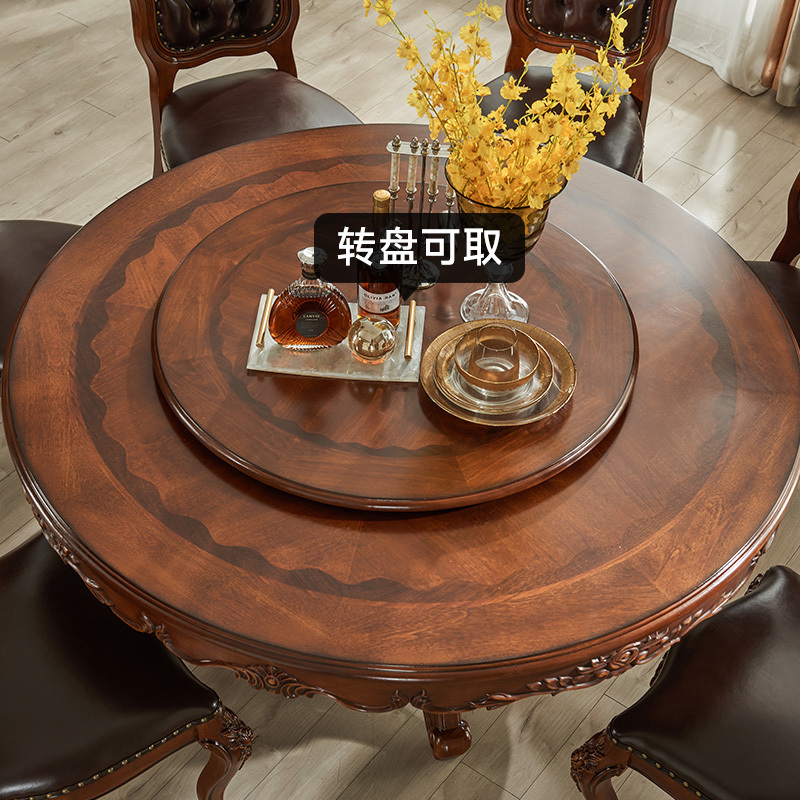 American Classical Style Wooden Round Rotatable Dining Table with lazy Susan solid wood hand-made carving with dinning chairs