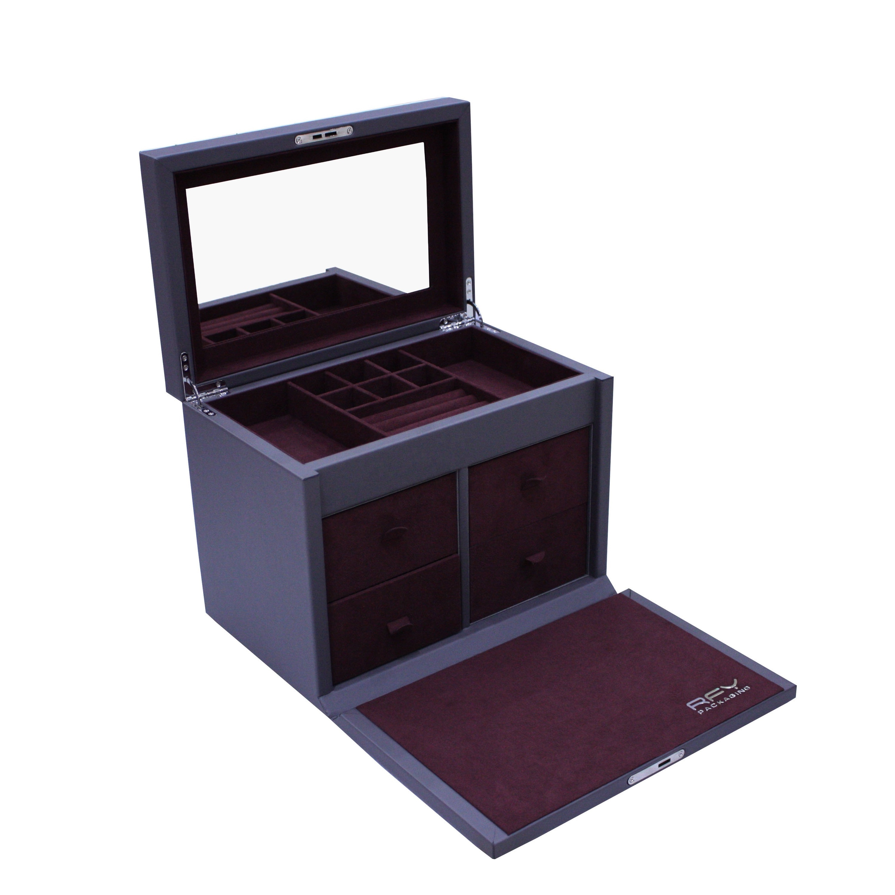 Luxury Wooden Jewelry Box With Mirror Multilayer Leather surface With Pu Leather  With Lock And Key