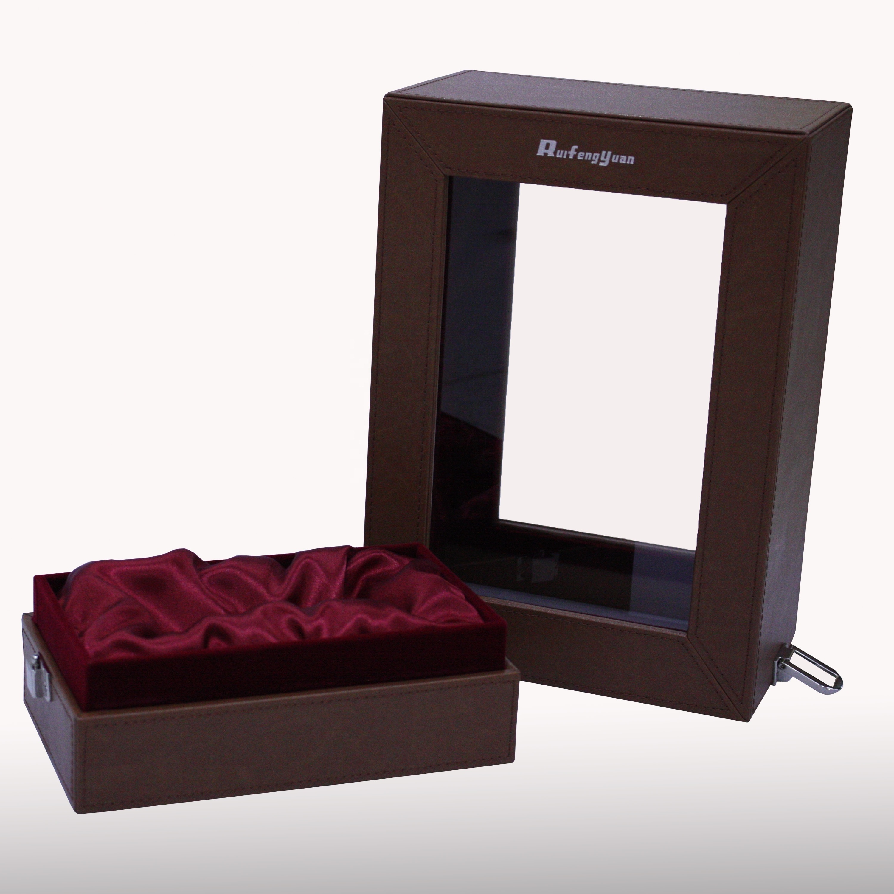 Custom wood Packaging Gift Box cover leather wine box with Open Window