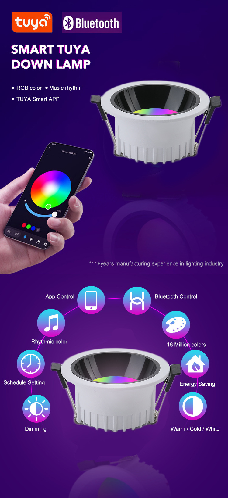 Fxpot Smart Led Downlight Recessed Mounted  Alexa Tuya App Control Led Down Light 10W Fire Rated RGB Led Downlights