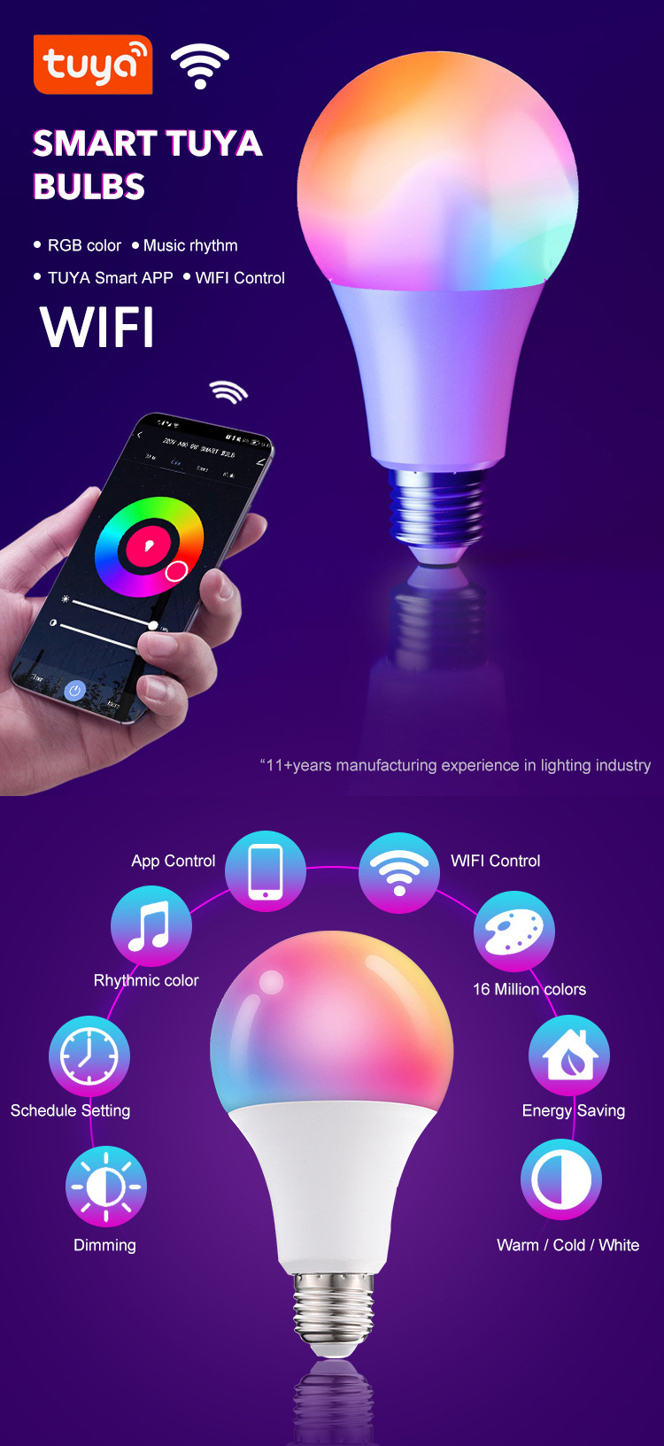 Fxpot Smart Led Light Hot Products Tuya Wireless WIFI Led Bulb RGB Dimmable E27 E26 B22 10W Led WIFI Smart Bulb