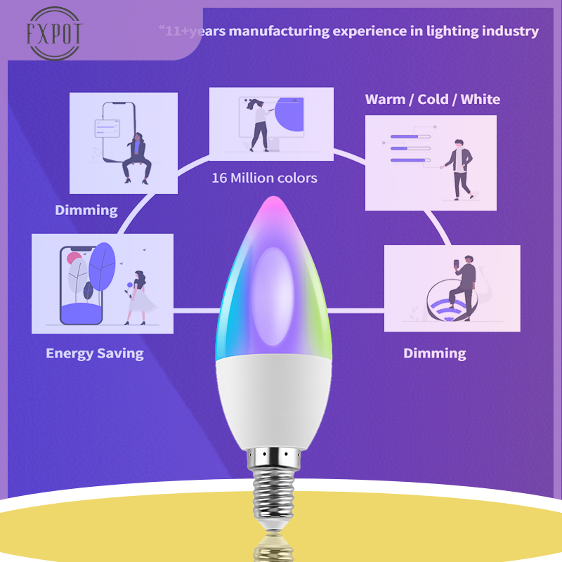 FXPOT Smart Led Light Dimmable RGB CCT Color Change Bulb Remote Control E27 E26 E14 B22 Smart Candle Light Led Bulb