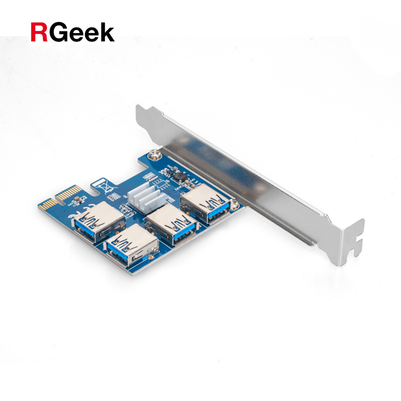 RGeek PC PCIe 1 to 4 16X Card Riser PCI-E 1X to 4 USB 3.0 PCI-E Adapter Port Card Multiplier