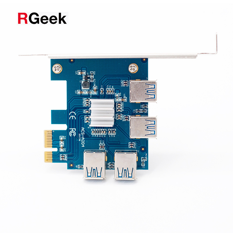 RGeek PC PCIe 1 to 4 16X Card Riser PCI-E 1X to 4 USB 3.0 PCI-E Adapter Port Card Multiplier