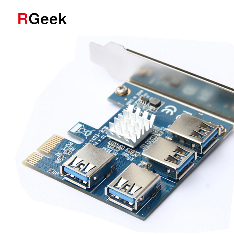 RGeek PC PCIe 1 to 4 16X Card Riser PCI-E 1X to 4 USB 3.0 PCI-E Adapter Port Card Multiplier