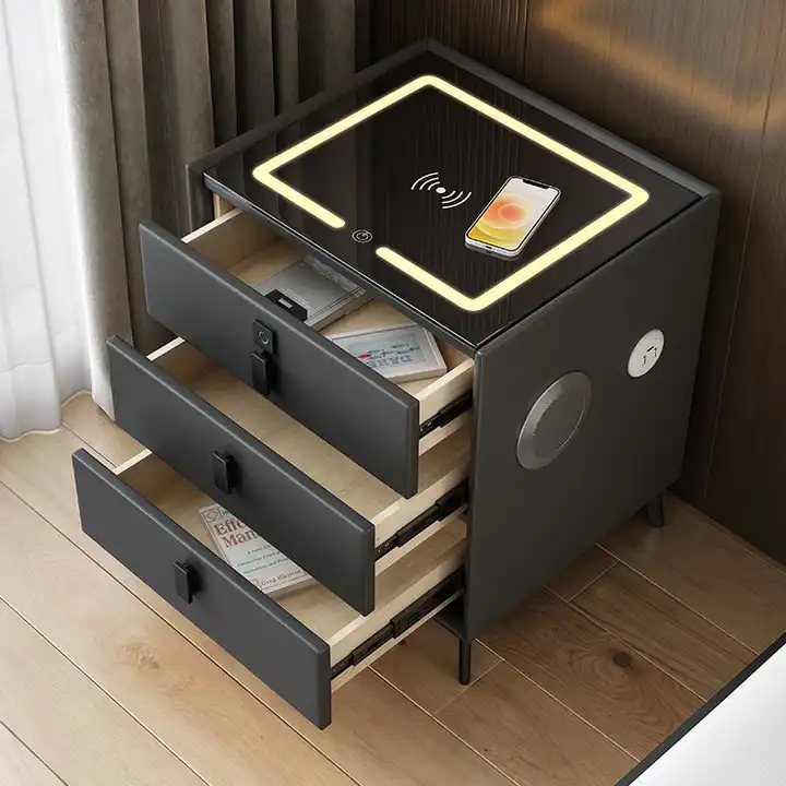 Nightstand Touch Sensing Led Smart Wireless Charger Speaker Fingerprint Lock Bedside Table