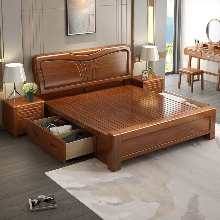 Modern solid wood storage bed 1.5/1.8 single and double bedroom hotel apartment factory direct delivery