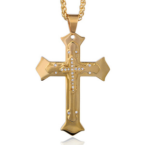 Fashion Simple Stainless Steel Men Diamond Cubic Zirconia Gold Plated Design Cross Pendant Necklace Jewelry