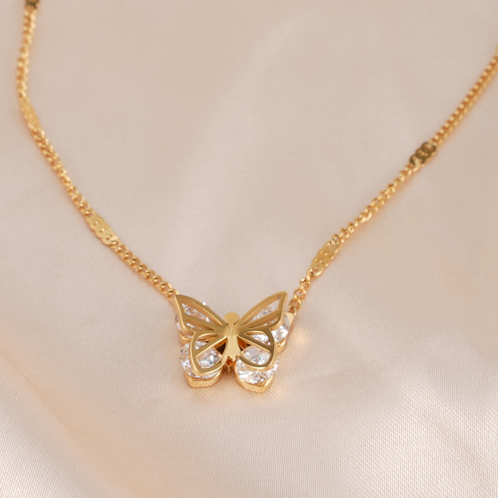 Right Grand New Fashion Female CZ Zircon Stainless Steel Jewelry 18k Gold Plated Butterfly Necklace