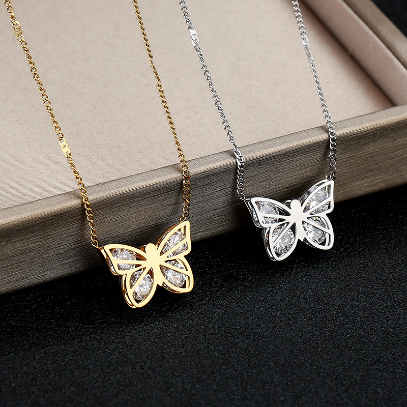 Right Grand New Fashion Female CZ Zircon Stainless Steel Jewelry 18k Gold Plated Butterfly Necklace