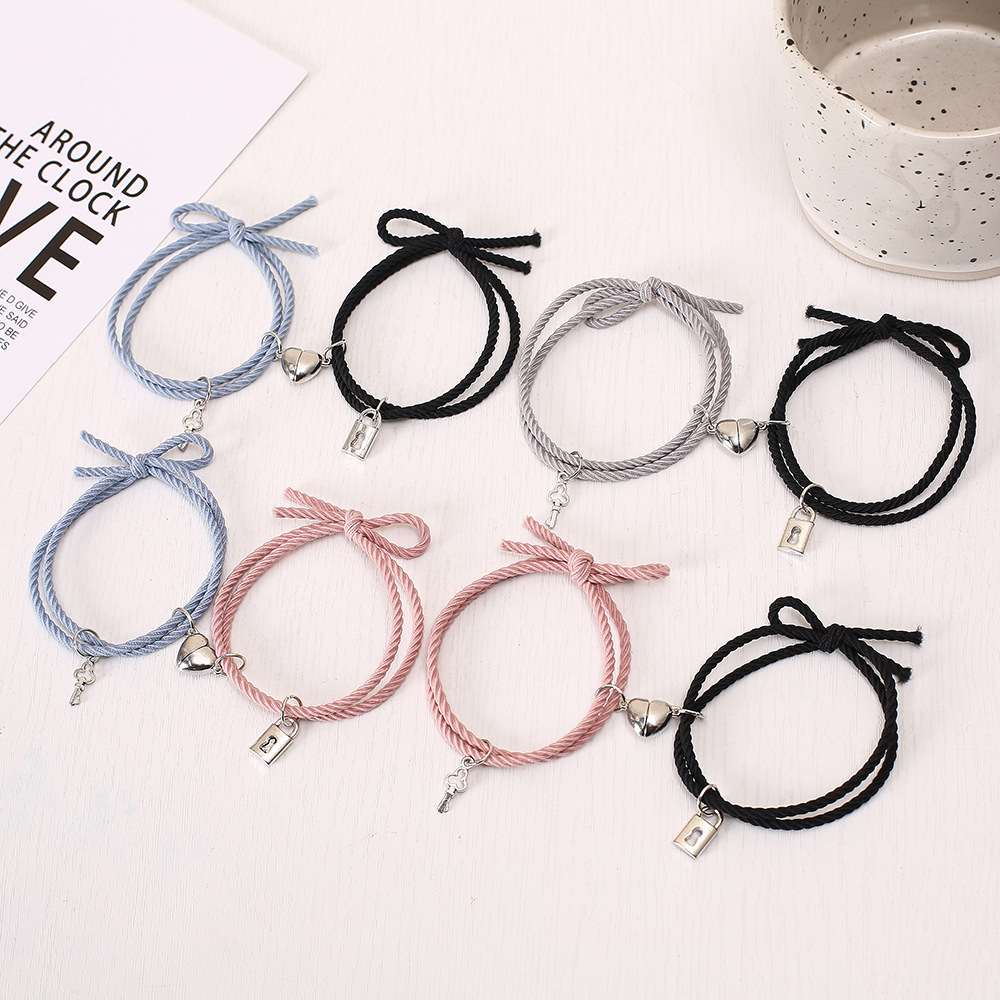 2 Pcs/set Simple Lock and Key Magnetic Bracelets For Valentine's Day Gift Distance Rope Bracelets For Couple