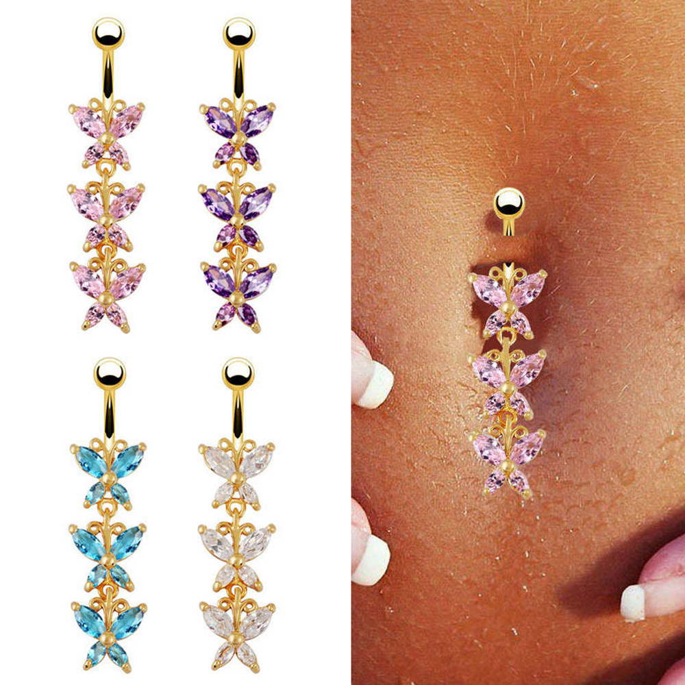 316L Surgical Steel 14k Gold Three Butterfly Dangle Navel Belly Ring Bar Barbell Body Piercing