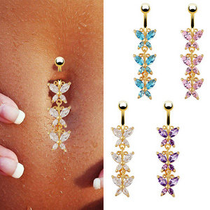 316L Surgical Steel 14k Gold Three Butterfly Dangle Navel Belly Ring Bar Barbell Body Piercing