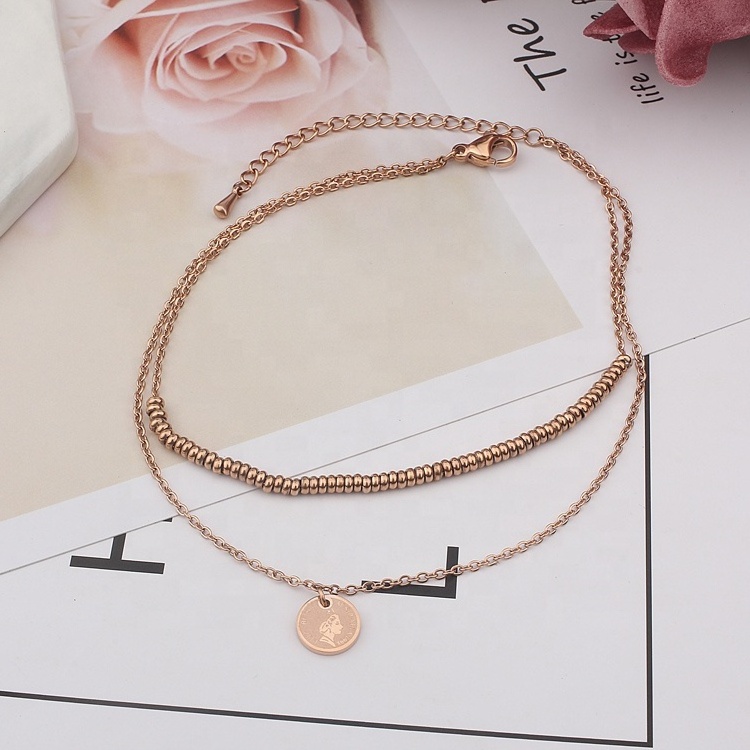 Costume Beautiful Woman Stainless Steel Rose Gold Jewelry Double Layer Ankle Foot Chain