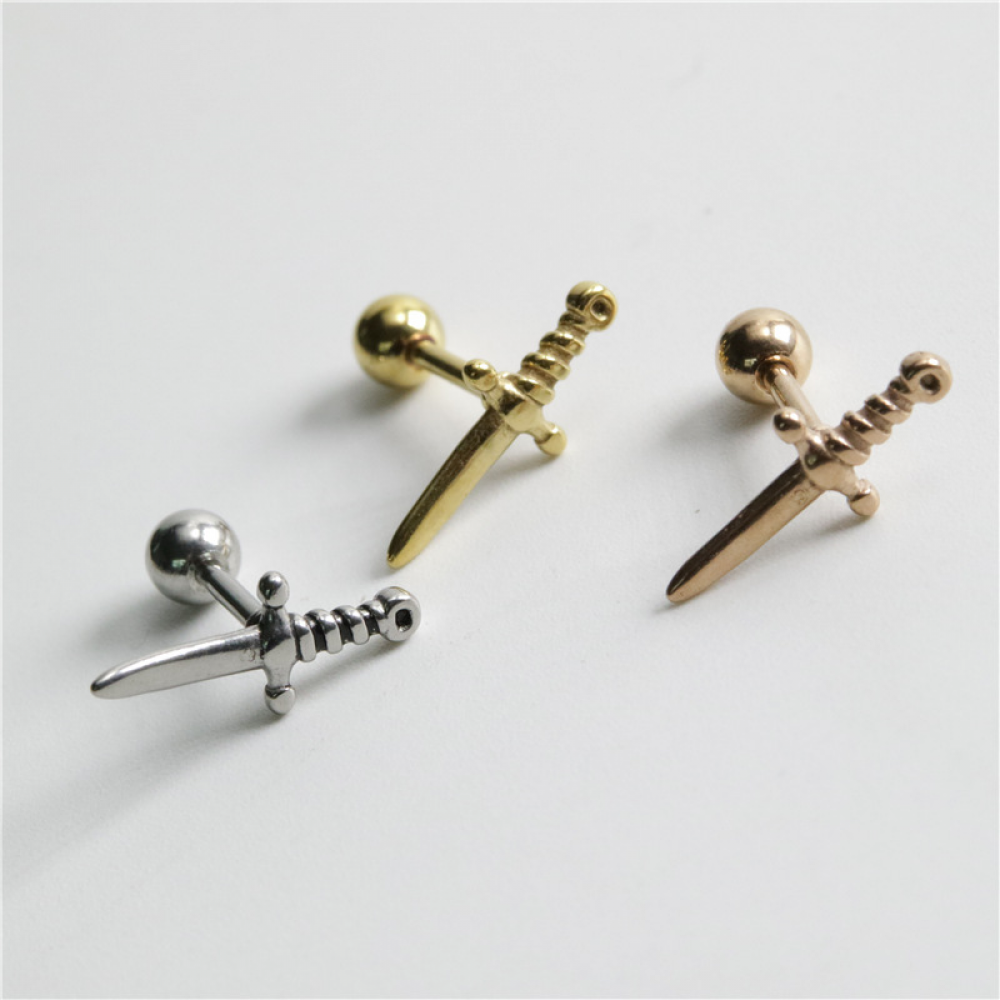 Street Style Silver Gold Color Stud Earrings Carved Sword Dagger Stainless Steel 18K Gold Plated Earrings