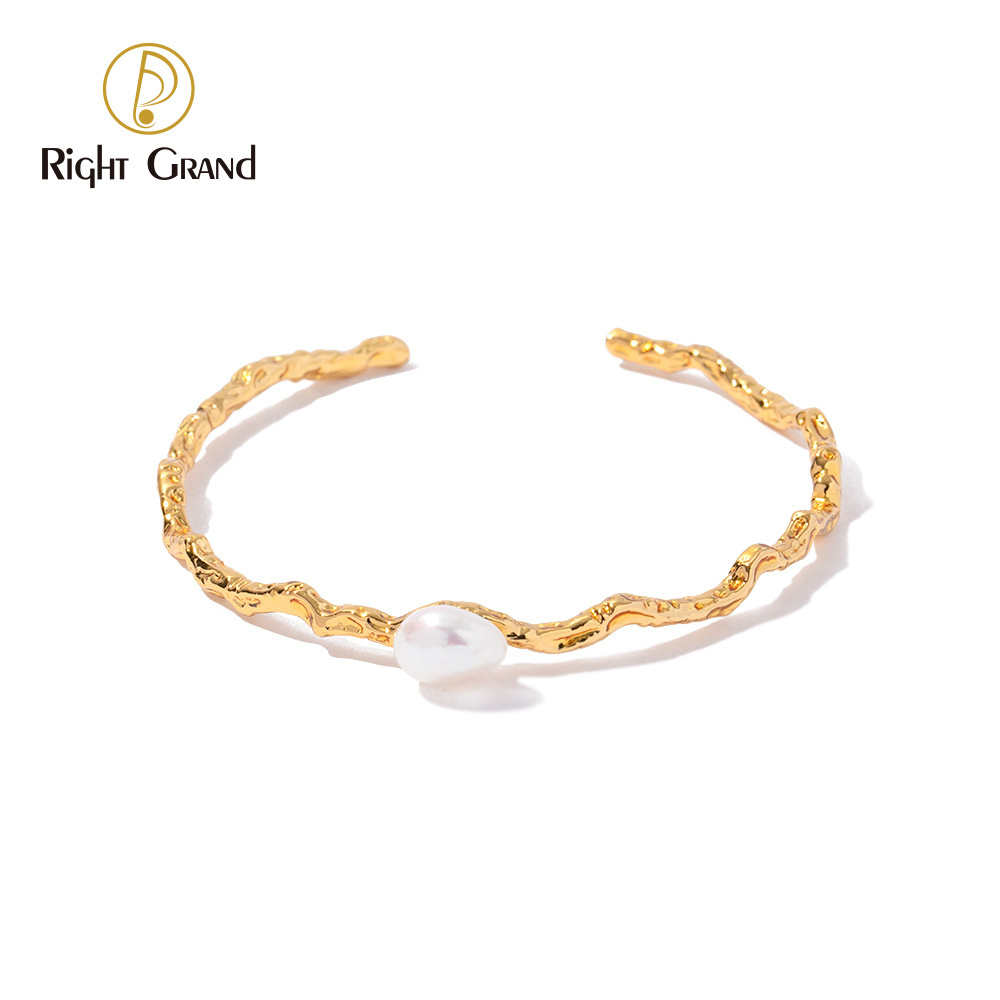 Classic Style Brass Wavy Irregular Texture Surface White Pearl Cuff Bangle Bracelet for Women