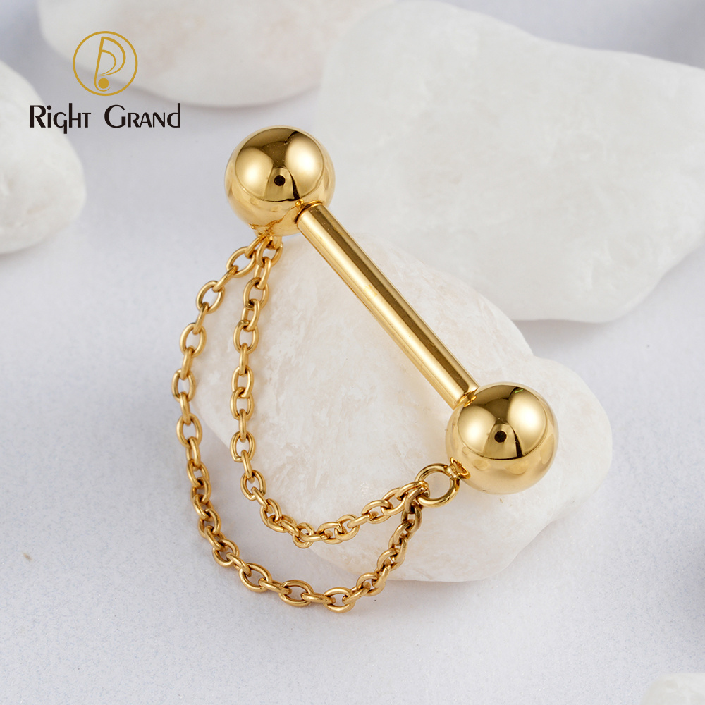 Right Grand ASTM F136 Titanium Threadless Push Pin Nipple Shield Ring with Double Chain Dangle 14G Barbell Piercing Jewelry