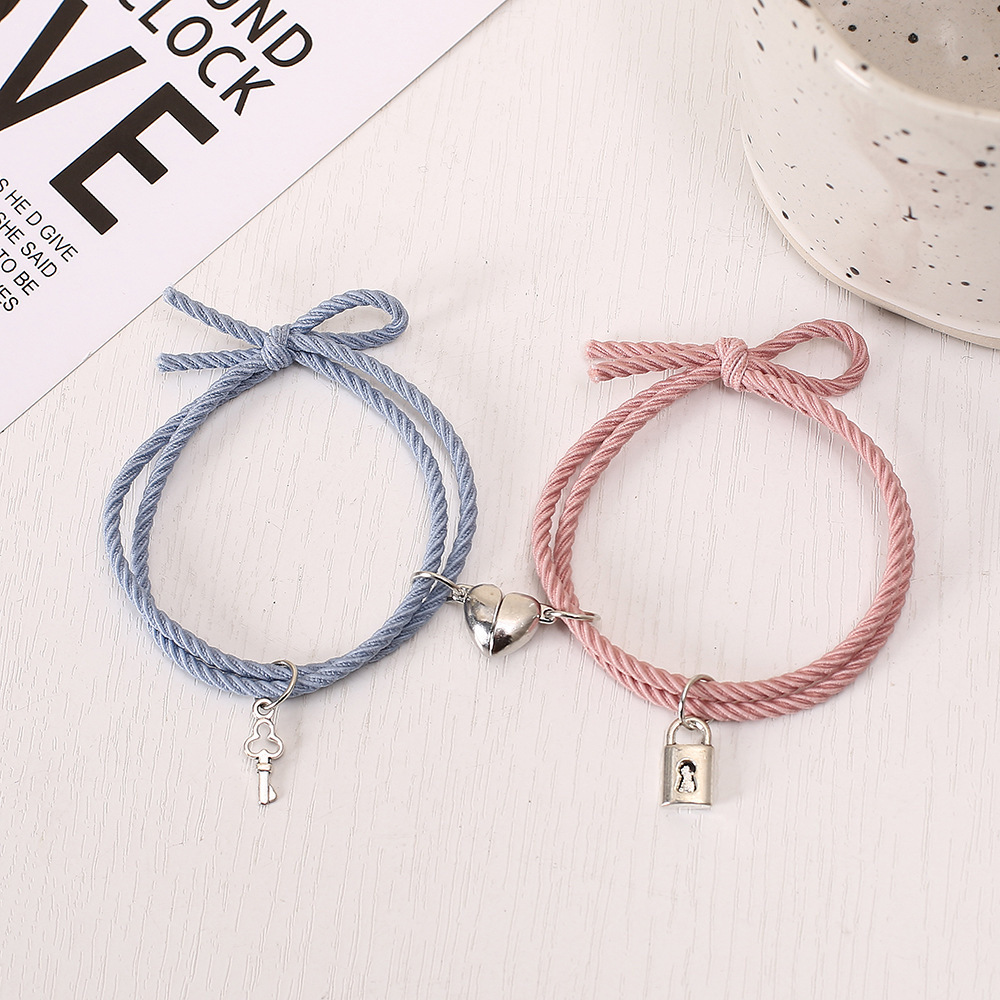 2 Pcs/set Simple Lock and Key Magnetic Bracelets For Valentine's Day Gift Distance Rope Bracelets For Couple