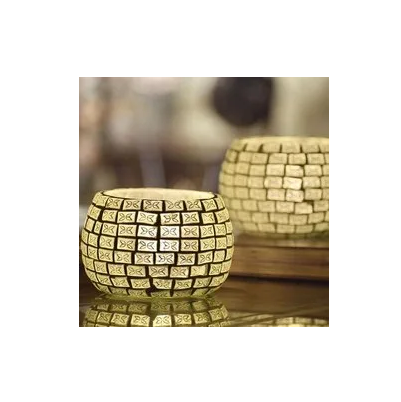 Luxury Style Home Decoration European Style Unique Handmade Mosaic Candle Vessels Round Bottom Bowl Glass Candle Jar Tea Light H