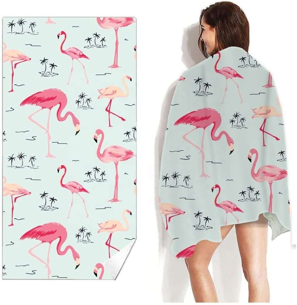 Factory direct supplies plastic bottle fiber custom design eco friendly rectangle flamingo beach towel