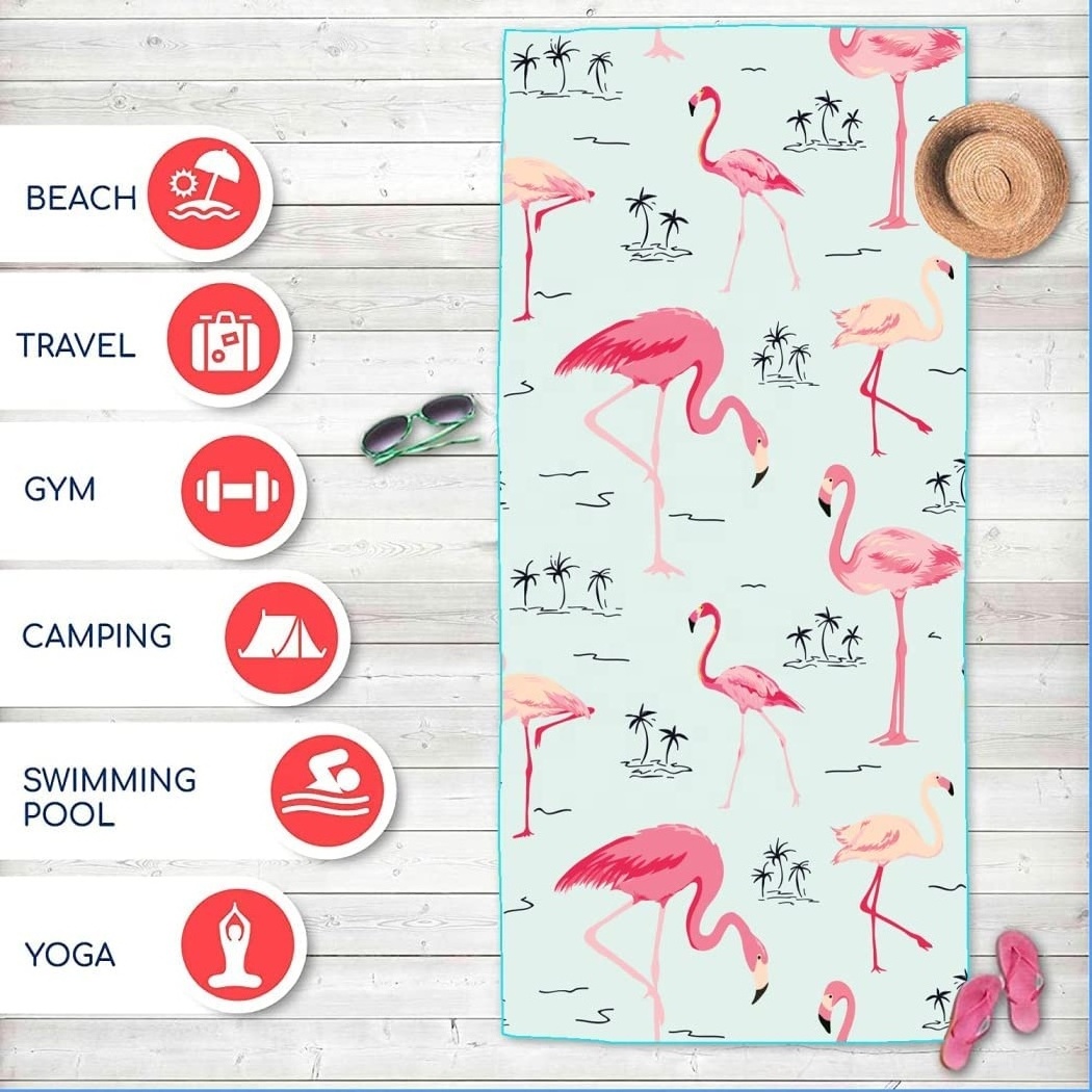 Factory direct supplies plastic bottle fiber custom design eco friendly rectangle flamingo beach towel