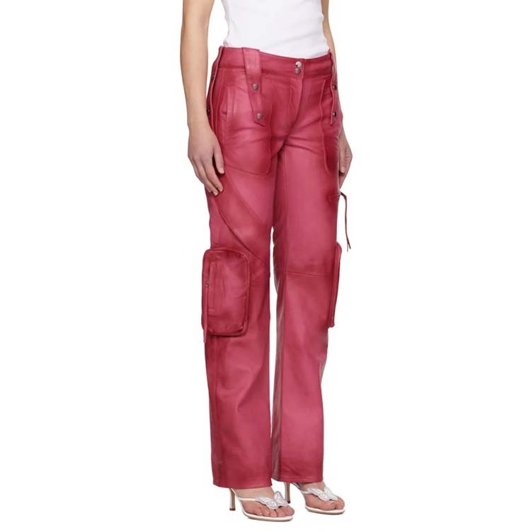 Pink Leather Cargo Pants  Custom Low Waisted Wide-leg vegetable-tanned grained lambskin pants High Quality Women Pants