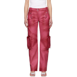 Pink Leather Cargo Pants  Custom Low Waisted Wide-leg vegetable-tanned grained lambskin pants High Quality Women Pants