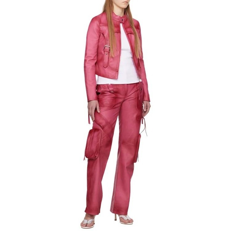 Pink Leather Cargo Pants  Custom Low Waisted Wide-leg vegetable-tanned grained lambskin pants High Quality Women Pants