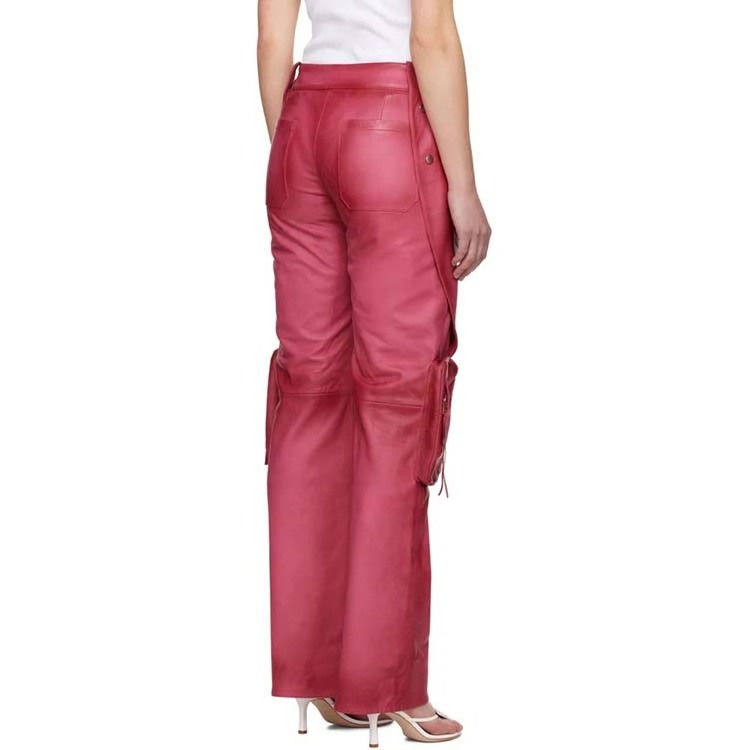 Pink Leather Cargo Pants  Custom Low Waisted Wide-leg vegetable-tanned grained lambskin pants High Quality Women Pants