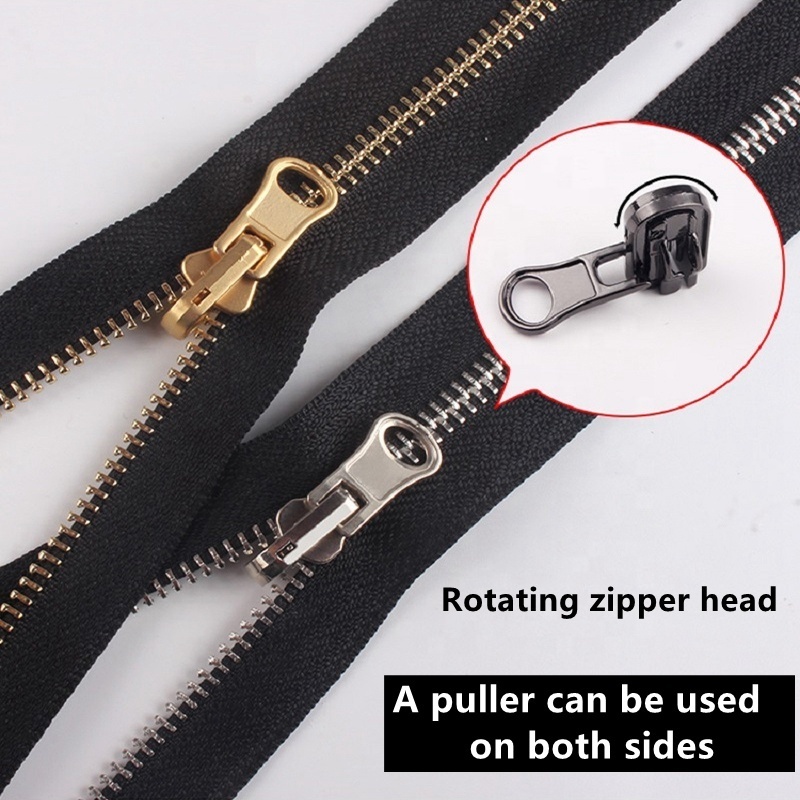 Two sided Reverse Jacket zipper #5 reversible rotating head separating open end Cremallera Metal Zipper