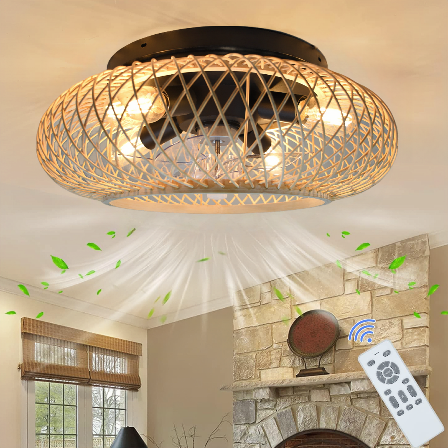 Energy Saving Decorative Living Room Dining Room Farmhouse Caged Ceiling Fan Light with Remote Control