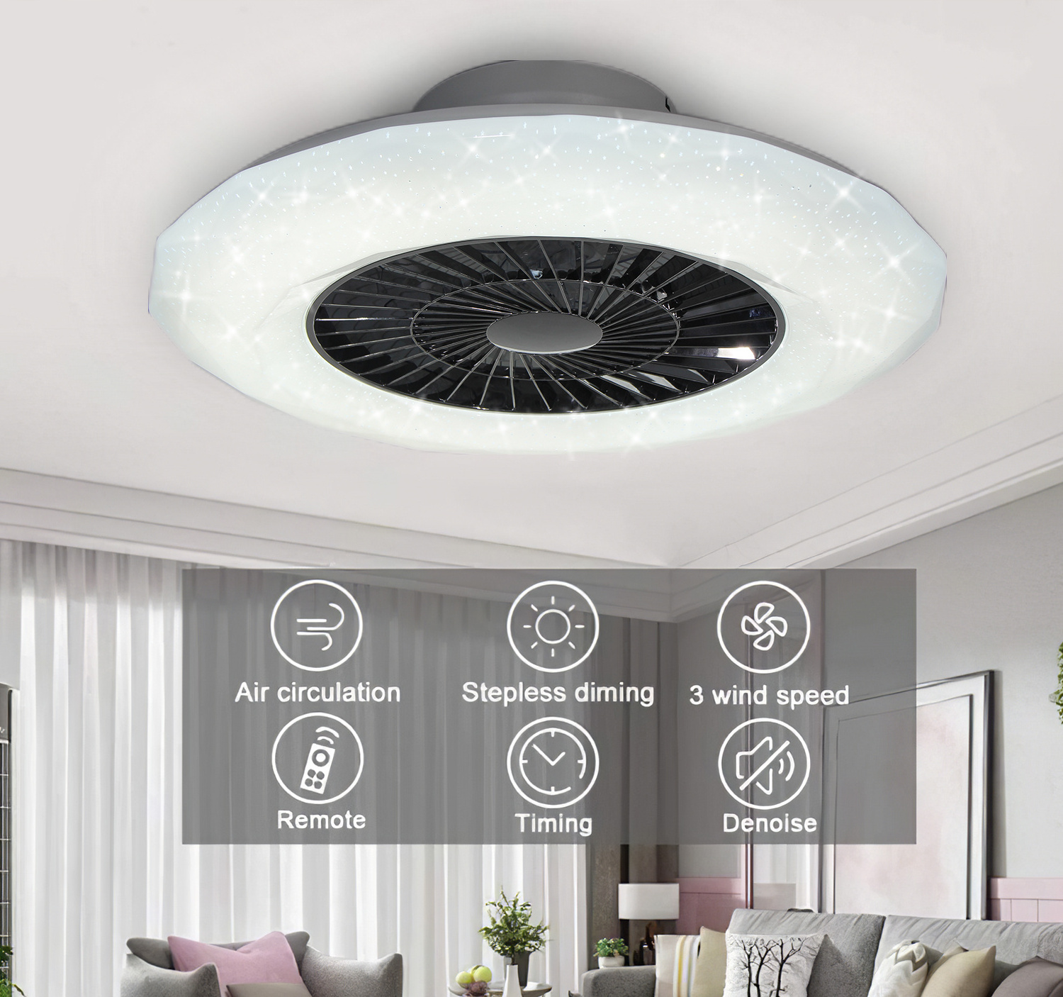 Creative Design Flush Mount 7 Invisible Blades 3 Color temperatures and Files Remote Ceiling Fan with LED Light