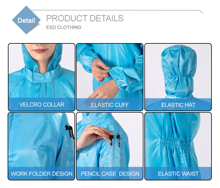 Food Factory Stripe Grid Anti Static Working Suit Esd Working Clothes Cleanroom Suit Hooded jumpsuit