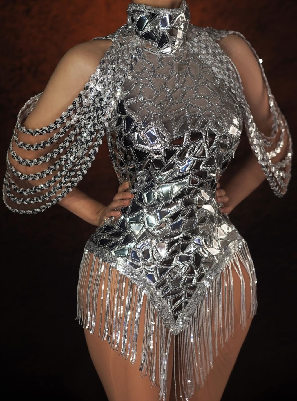 Rhinestone Sparkly Silver Sequins Leotard Bling Sexy Dance Fringes Bodysuit Costume Birthday Singer Stage Wear