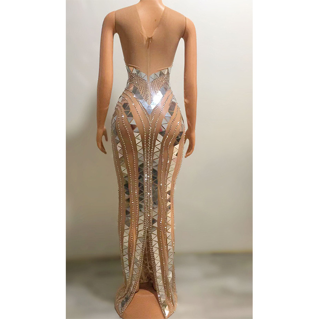 Glitter Evening Birthday Nude Mesh Women Dance Sexy Sleeveless Costume Rhinestones Sequins Transparent Long Dress