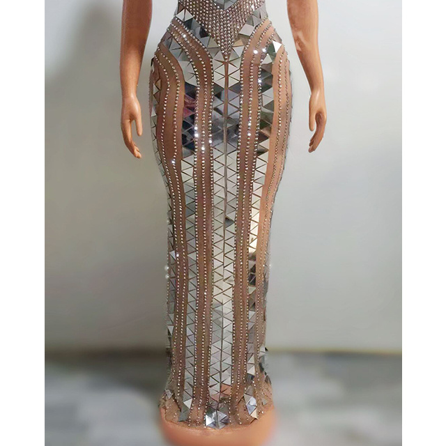 Glitter Evening Birthday Nude Mesh Women Dance Sexy Sleeveless Costume Rhinestones Sequins Transparent Long Dress