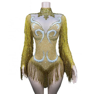 Fashion Gold Fringe Silver Rhinestones Pearls Transparent Bodysuit Women Dance Show Costume Birthday Party Outfit