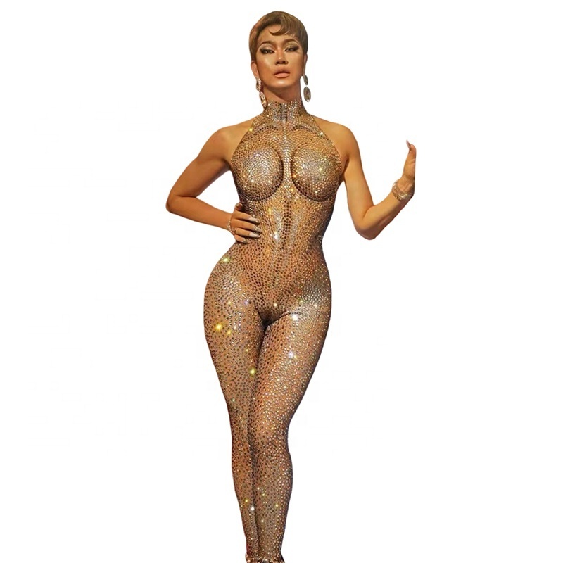 Rhinestone Pearl One Piece Bodysuit Stretch Skinny Dance Leotard Performance Costumes  Mesh Jumpsuits For Women