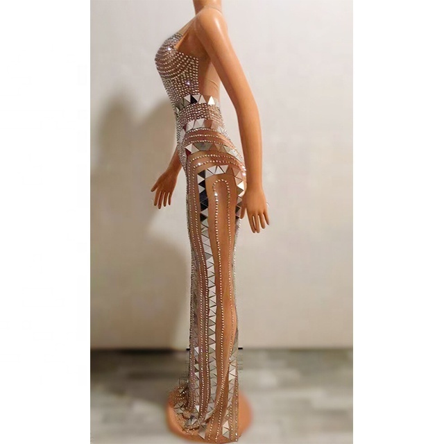 Glitter Evening Birthday Nude Mesh Women Dance Sexy Sleeveless Costume Rhinestones Sequins Transparent Long Dress