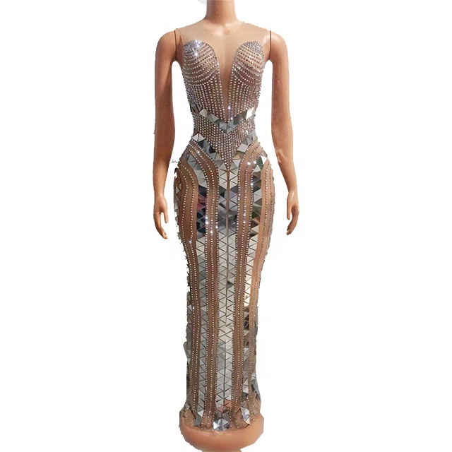 Glitter Evening Birthday Nude Mesh Women Dance Sexy Sleeveless Costume Rhinestones Sequins Transparent Long Dress