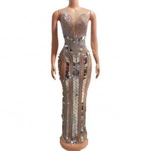 Glitter Evening Birthday Nude Mesh Women Dance Sexy Sleeveless Costume Rhinestones Sequins Transparent Long Dress