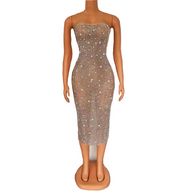 Sexy Mesh See Through Strapless Crystal Rhinestone Formal Birthday Party Women Prom Long Evening Club Dress