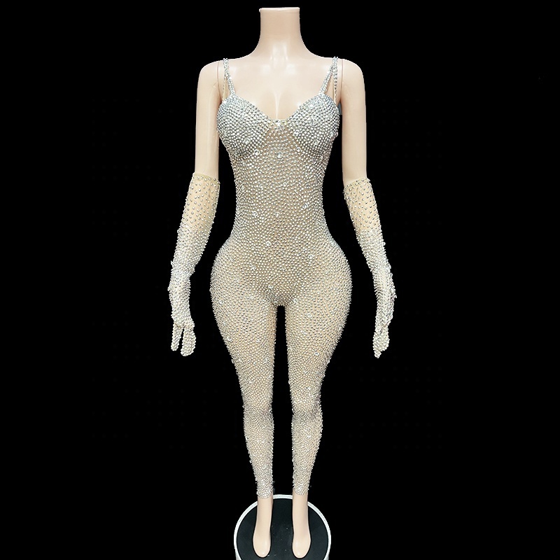 Rhinestone Customized Plus Size Women's Bodysuit Club Costume With Gloves Sleeveless Mesh Silver Jumpsuit Corset