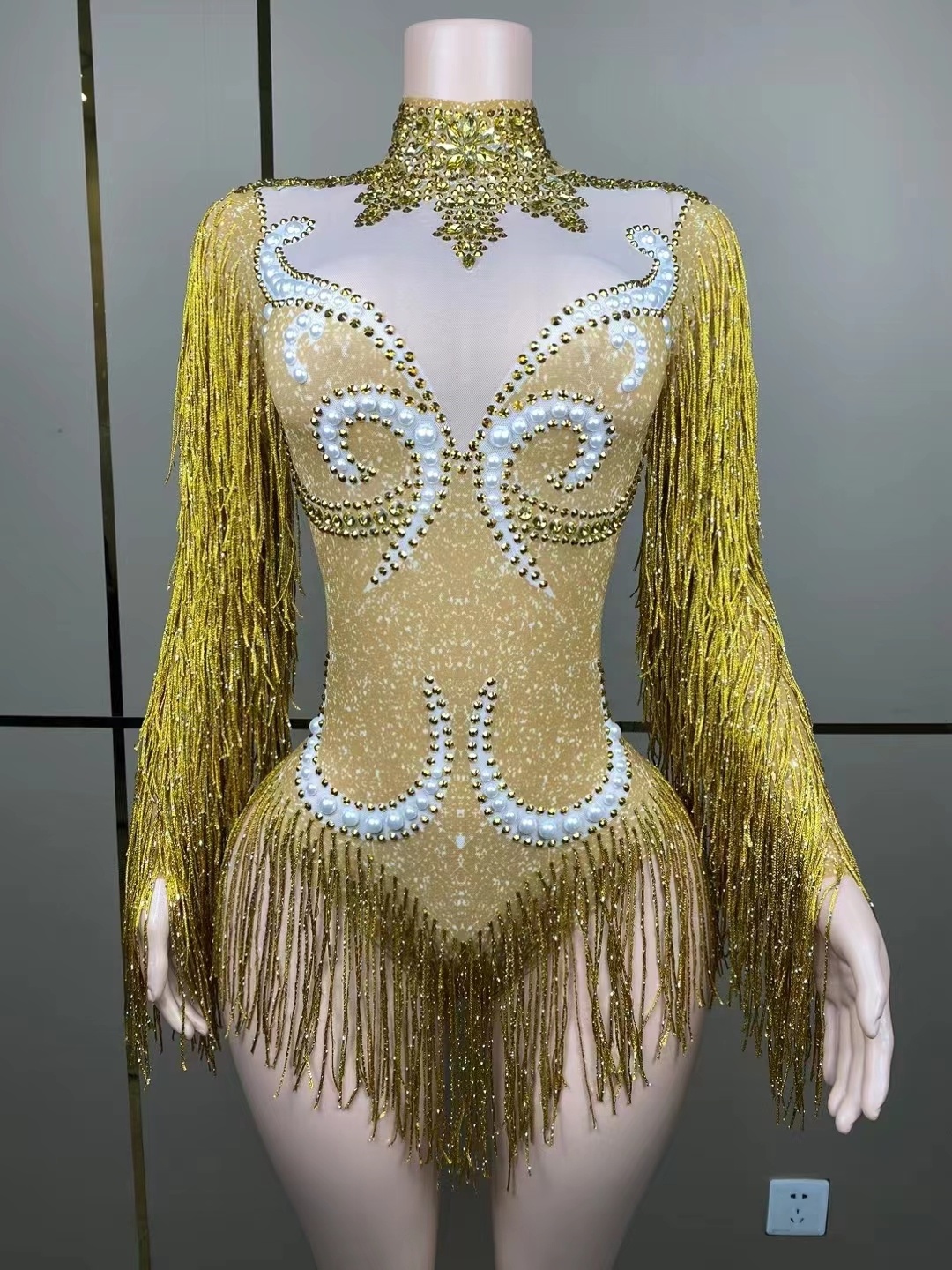 Fashion Gold Fringe Silver Rhinestones Pearls Transparent Bodysuit Women Dance Show Costume Birthday Party Outfit