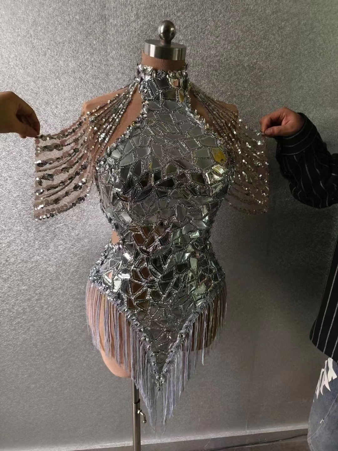 Rhinestone Sparkly Silver Sequins Leotard Bling Sexy Dance Fringes Bodysuit Costume Birthday Singer Stage Wear