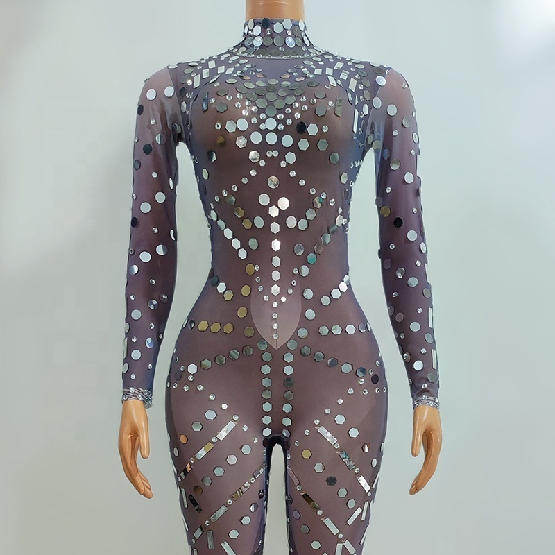 Silver Rhinestones Sequins Transparent Jumpsuit Evening Dance Long Sleeves Outfit Birthday Prom Bodysuit Leggings