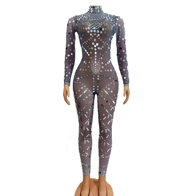 Silver Rhinestones Sequins Transparent Jumpsuit Evening Dance Long Sleeves Outfit Birthday Prom Bodysuit Leggings