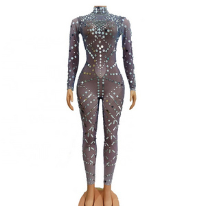 Silver Rhinestones Sequins Transparent Jumpsuit Evening Dance Long Sleeves Outfit Birthday Prom Bodysuit Leggings